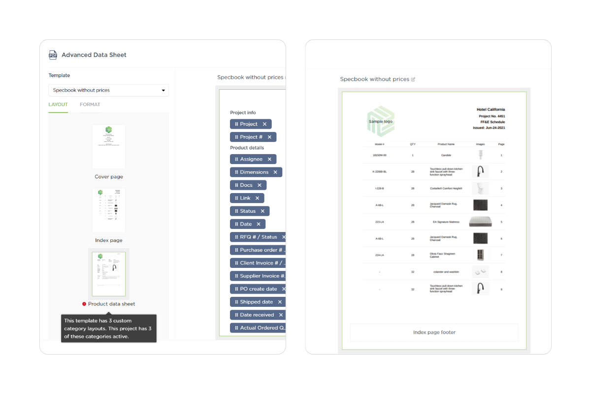 Advanced Data Sheet, Specbook, spec writing, fohlio, specification writing software, ff&e specification, ff&e report, specbook, ff&e and Os&e, ff&e management